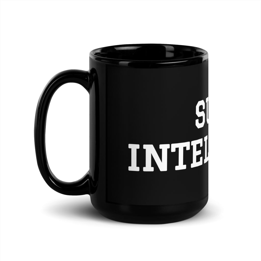 Black 15 oz Super Intelligence ceramic mug with its handle on the left, tall glossy body and white two-line wraparound lettering.