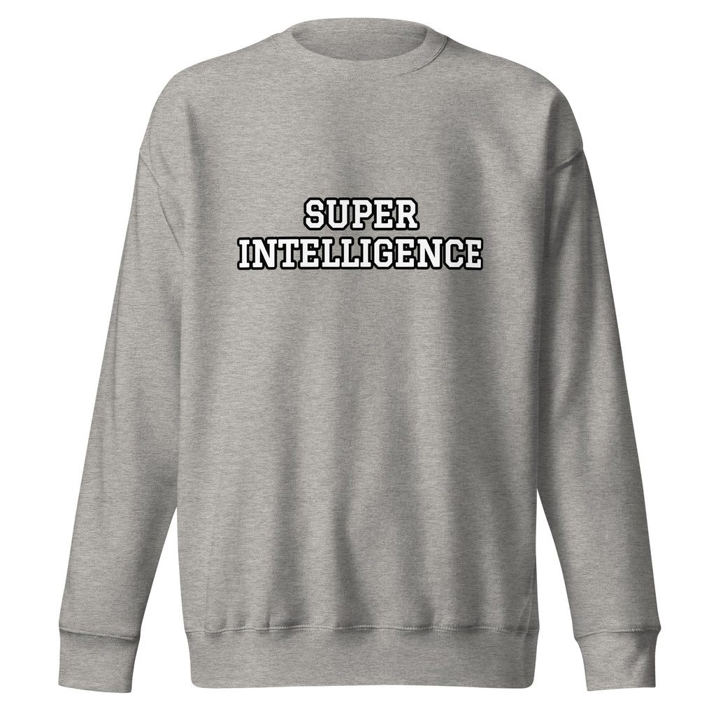 Front view of the carbon grey Super Intelligence sweatshirt with a two-line varsity-style chest print, crew neck and ribbed cuffs.
