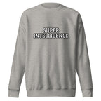 Front view of the carbon grey Super Intelligence sweatshirt with a two-line varsity-style chest print, crew neck and ribbed cuffs.