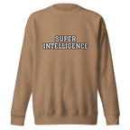 Front view of the latte beige Super Intelligence sweatshirt with a two-line varsity-style chest print, crew neck and ribbed cuffs.