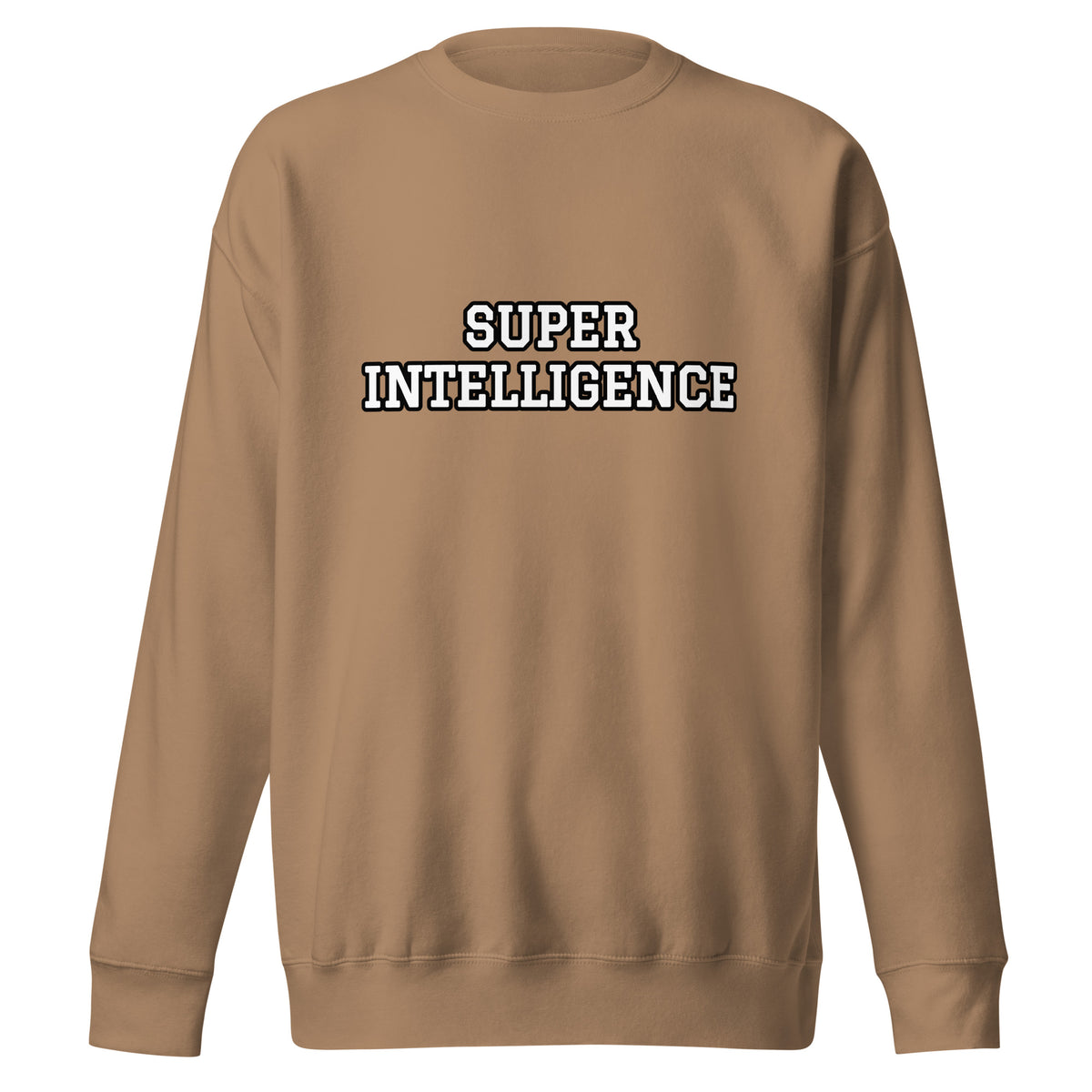 Front view of the latte beige Super Intelligence sweatshirt with a two-line varsity-style chest print, crew neck and ribbed cuffs.