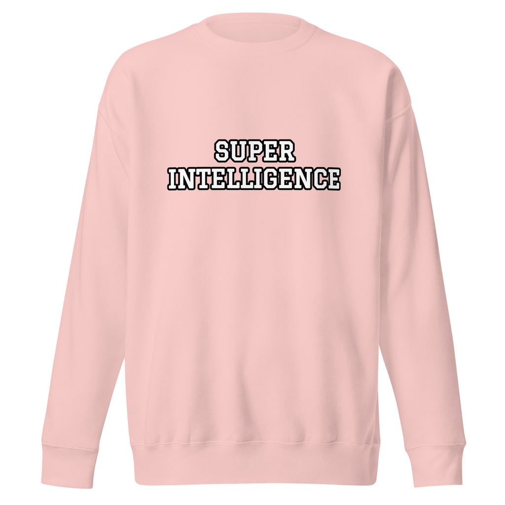 Front view of the light pink Super Intelligence sweatshirt with a two-line varsity-style chest print, crew neck and ribbed cuffs.