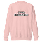 Front view of the light pink Super Intelligence sweatshirt with a two-line varsity-style chest print, crew neck and ribbed cuffs.