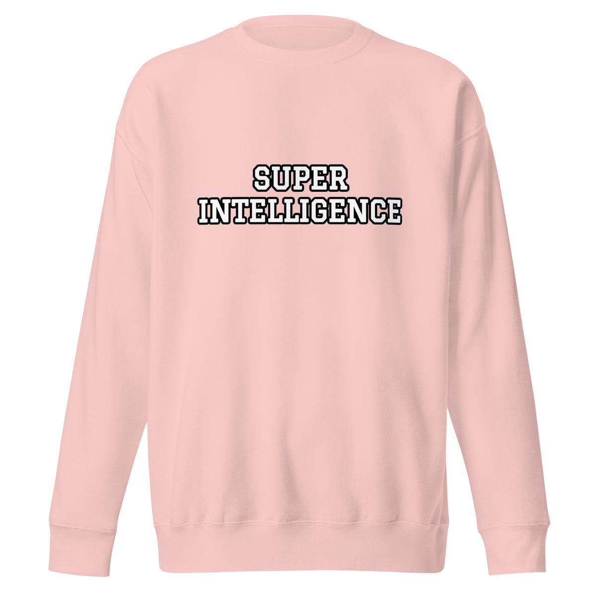 Front view of the light pink Super Intelligence sweatshirt with a two-line varsity-style chest print, crew neck and ribbed cuffs.