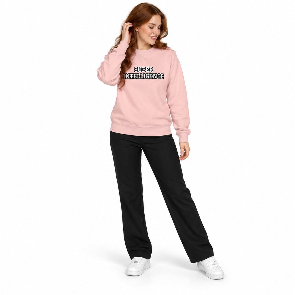 Full-body model wearing the light pink Super Intelligence sweatshirt with a two-line chest print and white shoes, touching her hair and looking down on white.