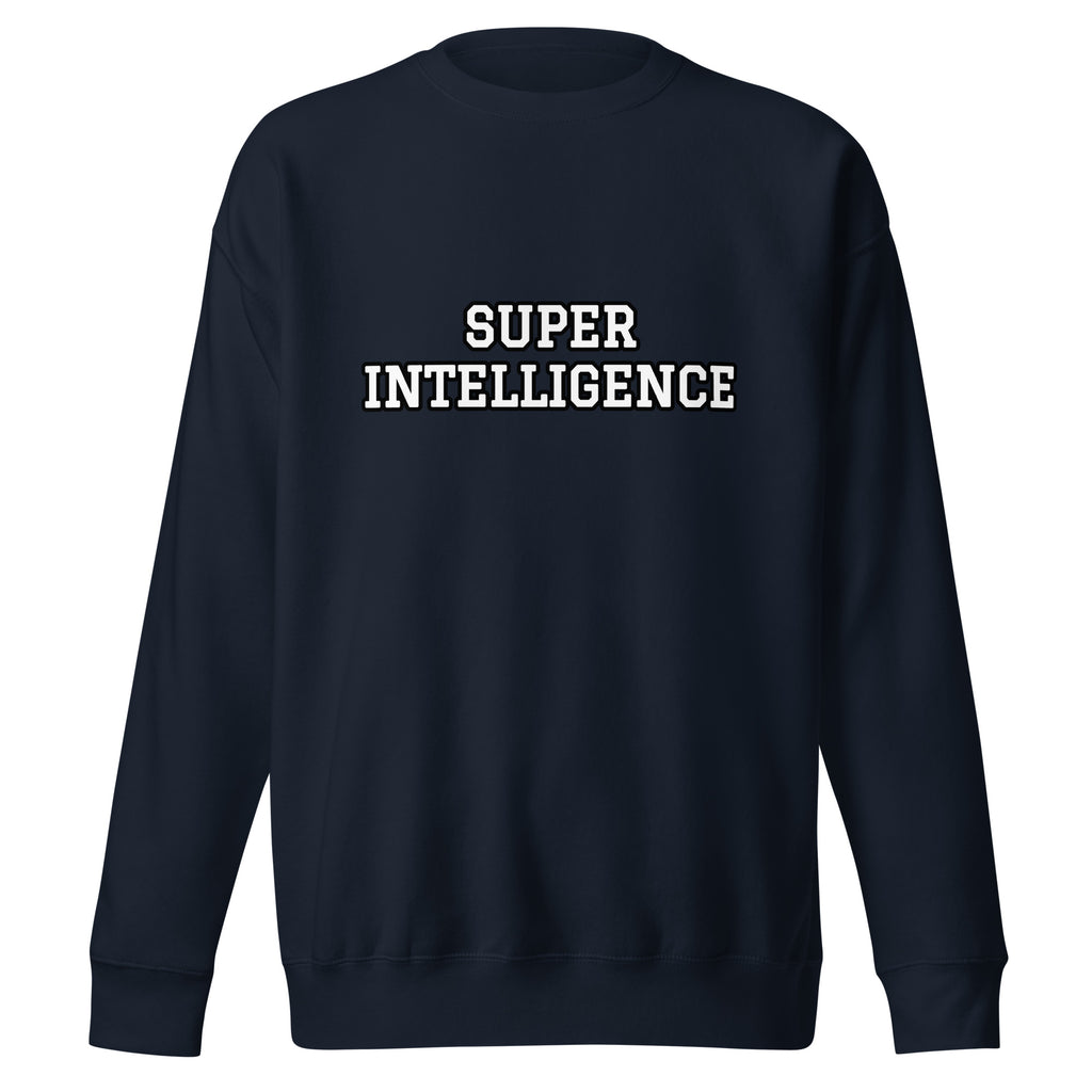Front view of the navy blazer Super Intelligence sweatshirt with a two-line varsity-style chest print, crew neck and ribbed cuffs.