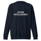 Front view of the navy blazer Super Intelligence sweatshirt with a two-line varsity-style chest print, crew neck and ribbed cuffs.