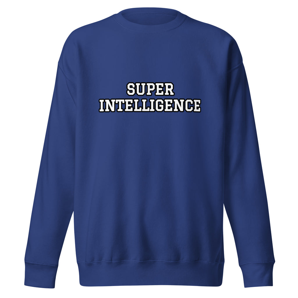 Front view of the team royal blue Super Intelligence sweatshirt with a two-line varsity-style chest print, crew neck and ribbed cuffs.