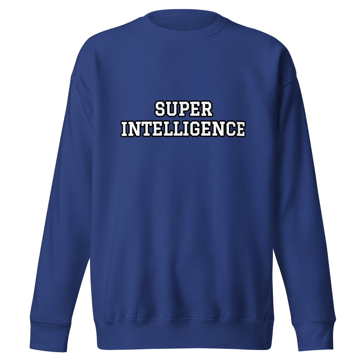 Front view of the team royal blue Super Intelligence sweatshirt with a two-line varsity-style chest print, crew neck and ribbed cuffs.