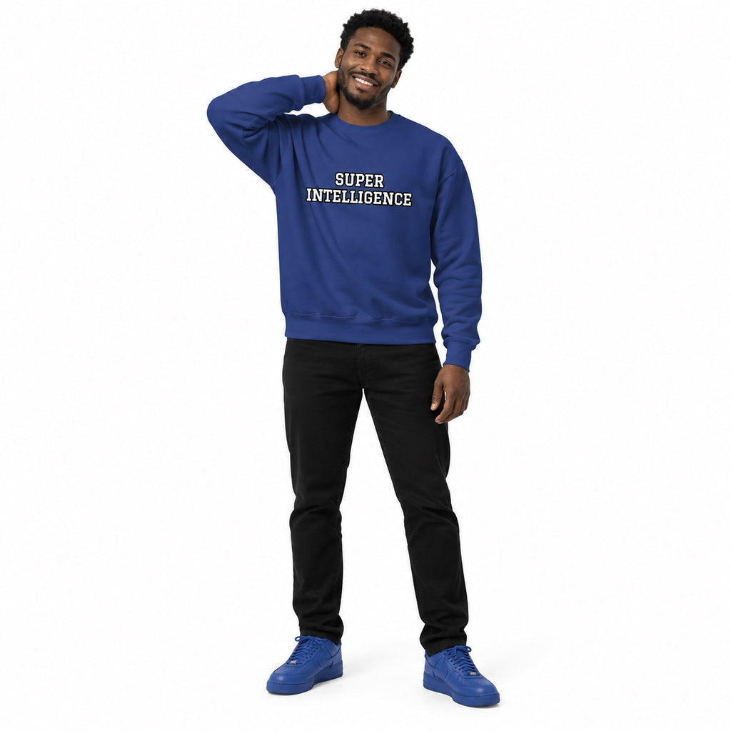 Full-body model wearing the team royal blue Super Intelligence sweatshirt with a two-line chest print and matching blue shoes, smiling with one hand behind his neck on white.