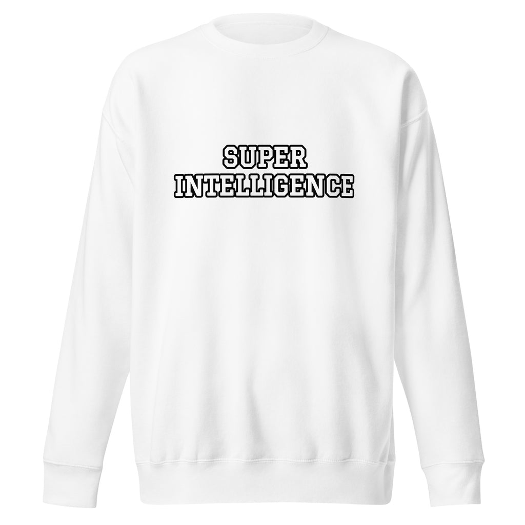 Front view of the white Super Intelligence sweatshirt with a two-line varsity-style chest print, crew neck and ribbed cuffs.