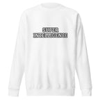 Front view of the white Super Intelligence sweatshirt with a two-line varsity-style chest print, crew neck and ribbed cuffs.