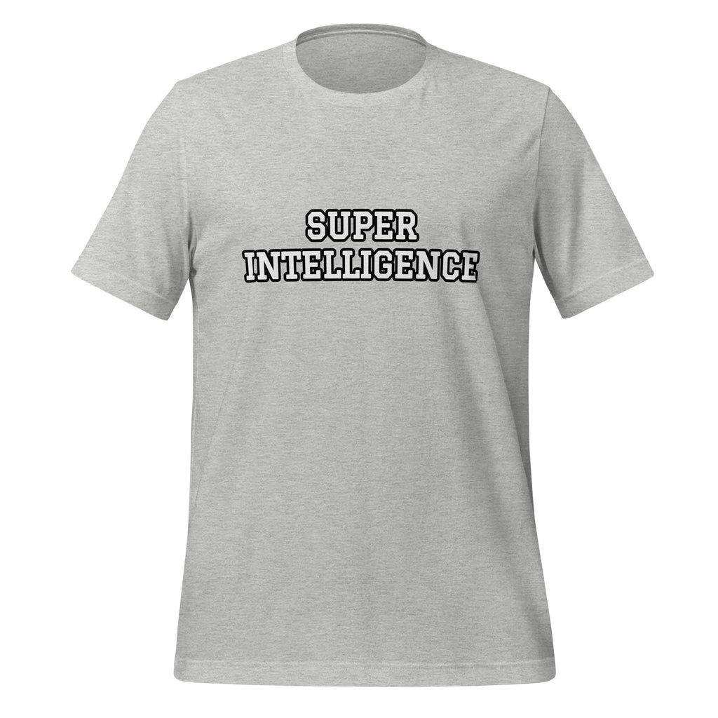 Front view of the athletic heather Super Intelligence T-shirt with a two-line chest graphic, short sleeves and a crew neckline.