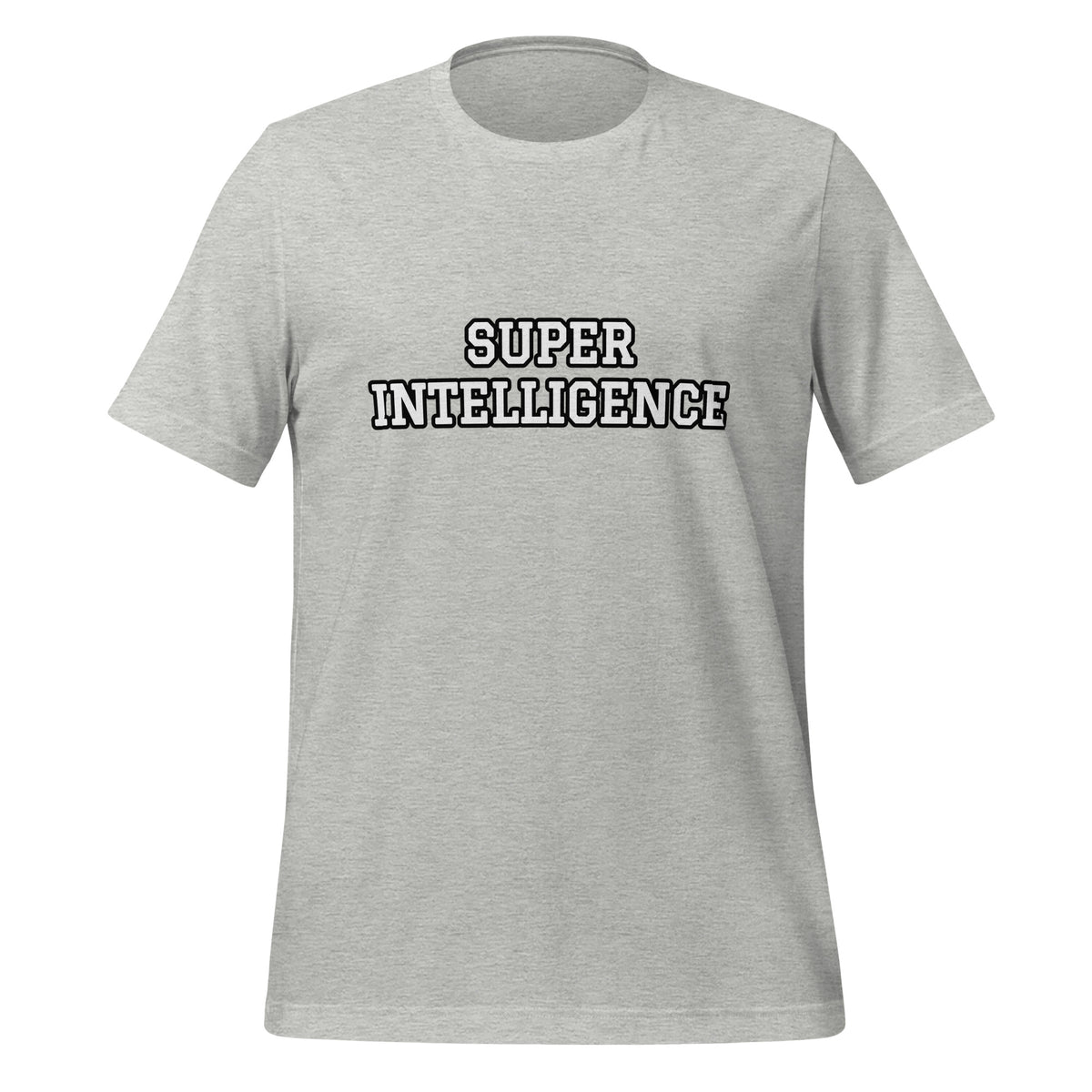 Front view of the athletic heather Super Intelligence T-shirt with a two-line chest graphic, short sleeves and a crew neckline.