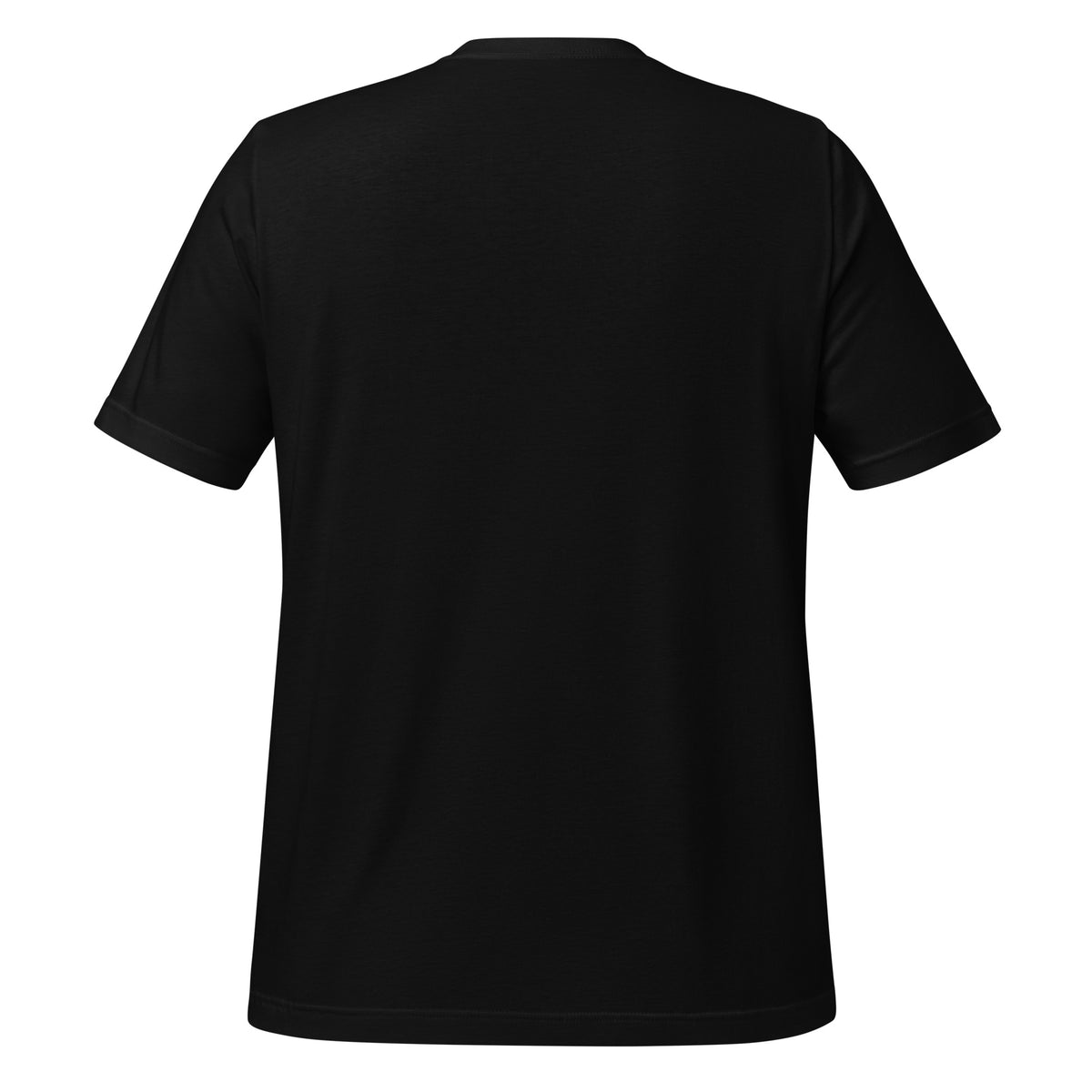 Back view of the black Super Intelligence T-shirt, showing its plain back, short sleeves and crew neckline.