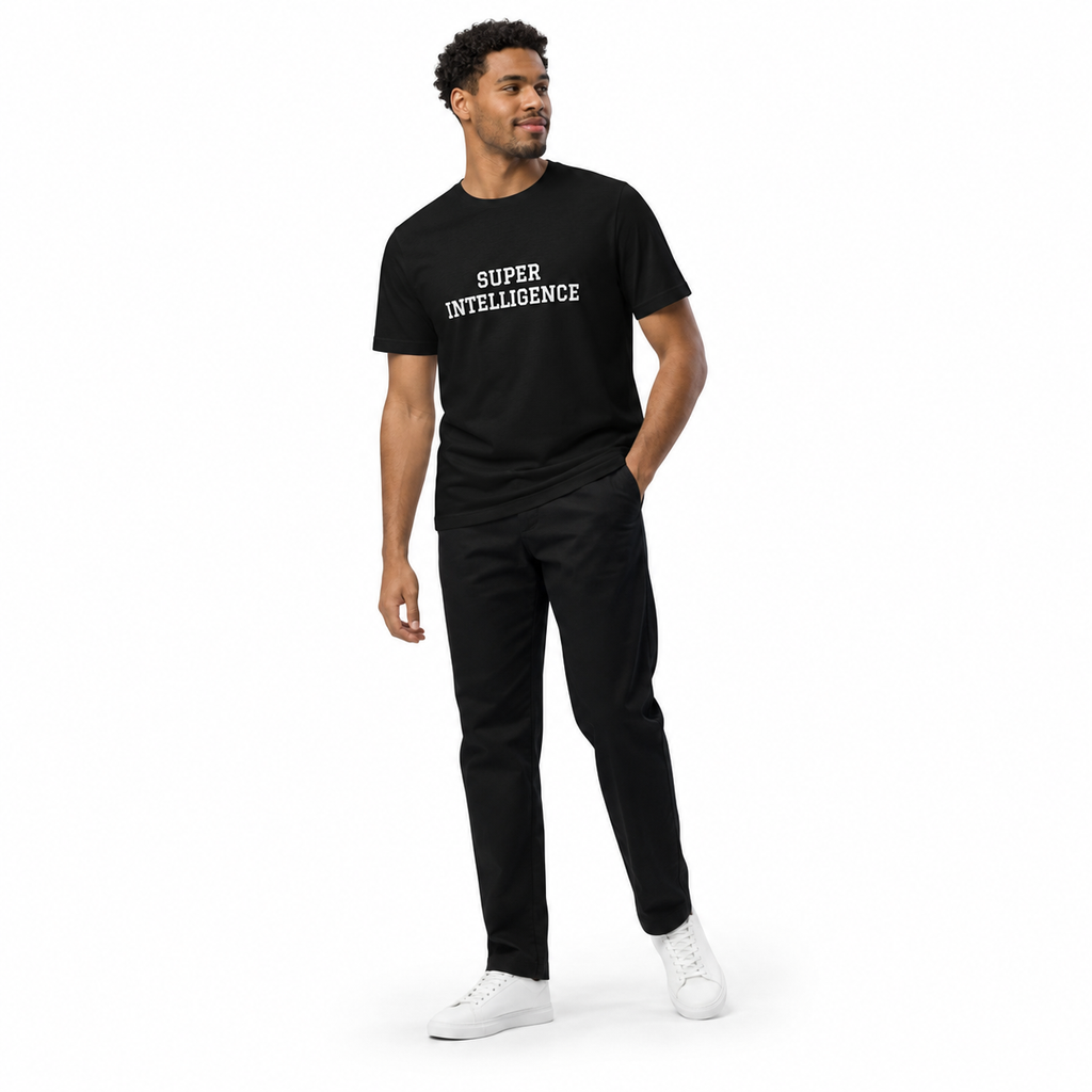 Full-body model wearing the black Super Intelligence T-shirt with the front graphic visible, standing at an angle and looking aside on a plain white background.