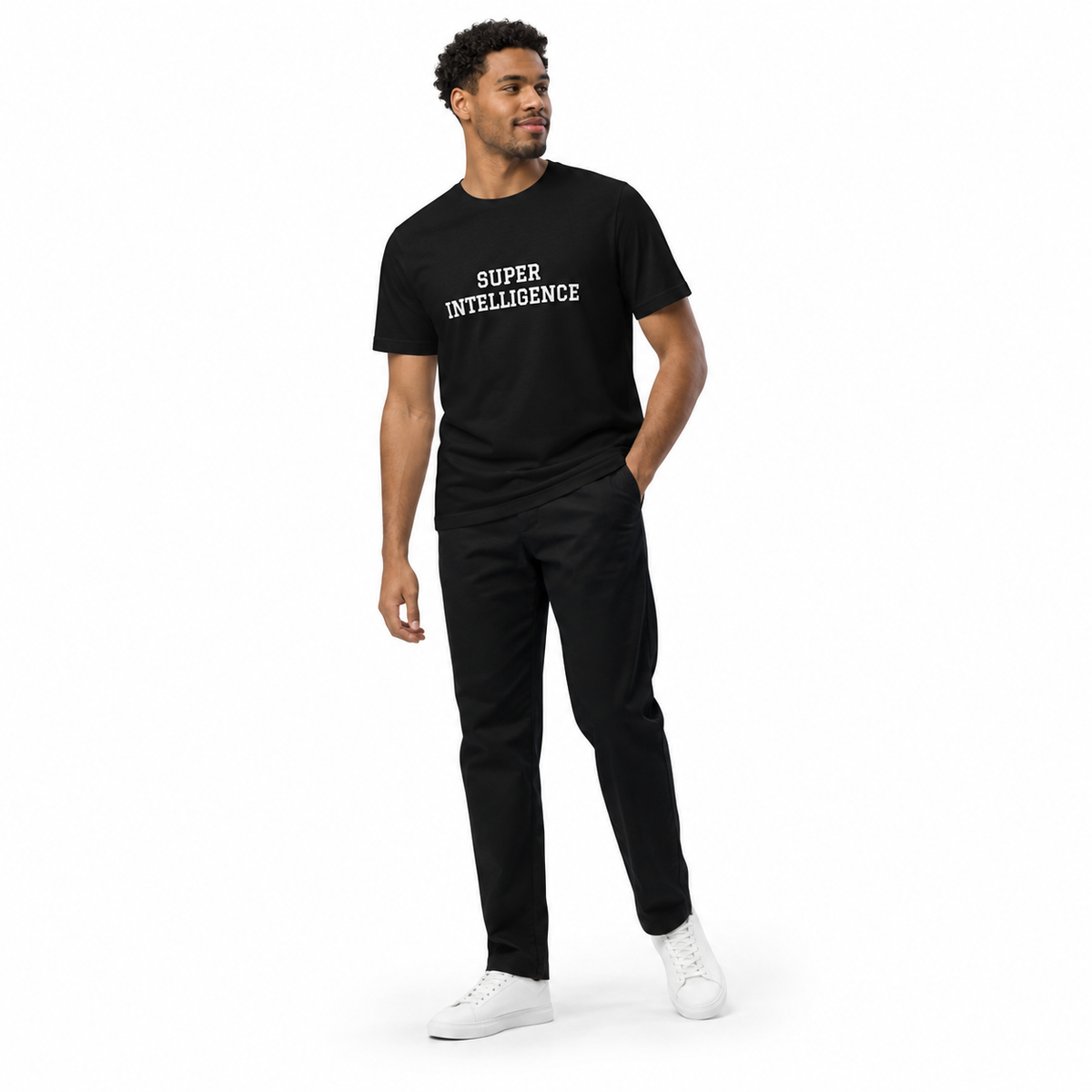 Full-body model wearing the black Super Intelligence T-shirt with the front graphic visible, standing at an angle and looking aside on a plain white background.