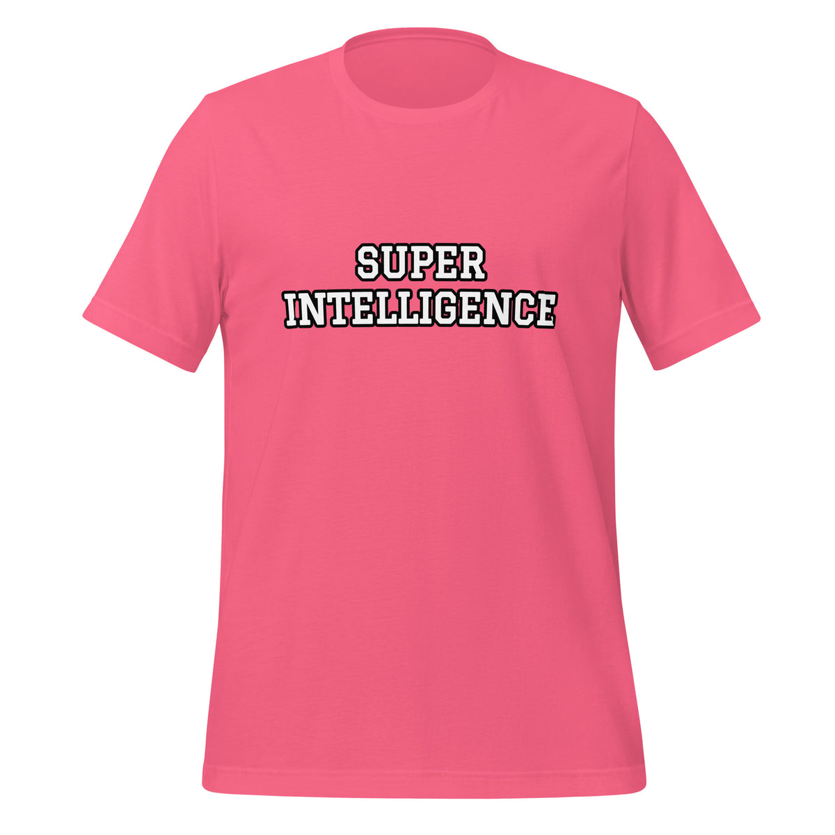 Front view of the charity pink Super Intelligence T-shirt with a two-line chest graphic, short sleeves and a crew neckline.