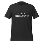 Front view of the dark grey Super Intelligence T-shirt with a two-line chest graphic, short sleeves and a crew neckline.