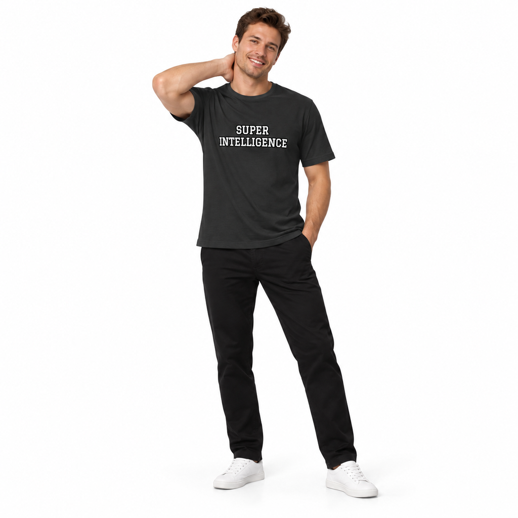 Full-body model wearing the dark grey Super Intelligence T-shirt with the front graphic visible, posing with one hand behind the neck on a plain white background.