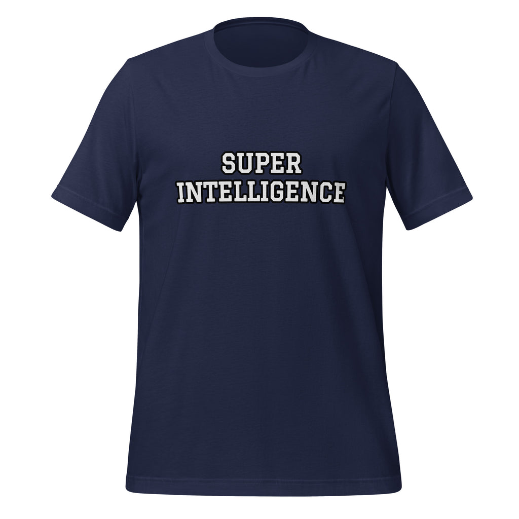 Front view of the navy Super Intelligence T-shirt with a two-line chest graphic, short sleeves and a crew neckline.