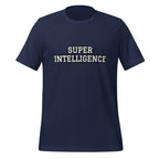 Front view of the navy Super Intelligence T-shirt with a two-line chest graphic, short sleeves and a crew neckline.