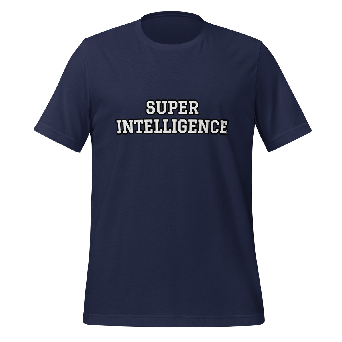 Front view of the navy Super Intelligence T-shirt with a two-line chest graphic, short sleeves and a crew neckline.