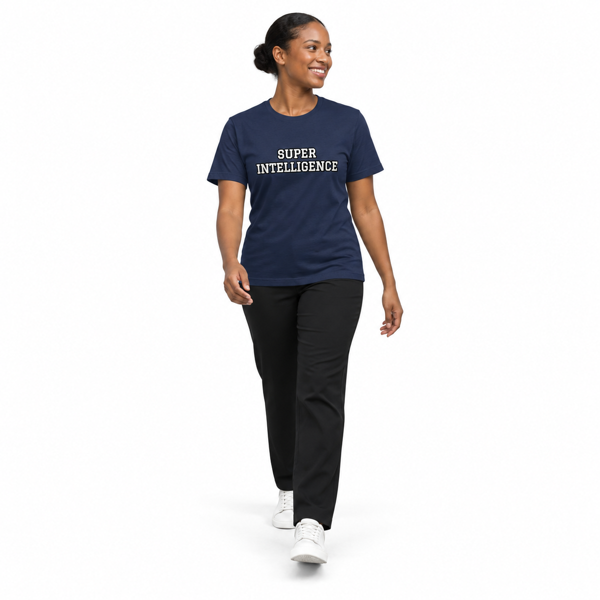 Full-body model wearing the navy Super Intelligence T-shirt with the front graphic visible, walking with relaxed arms on a plain white background.