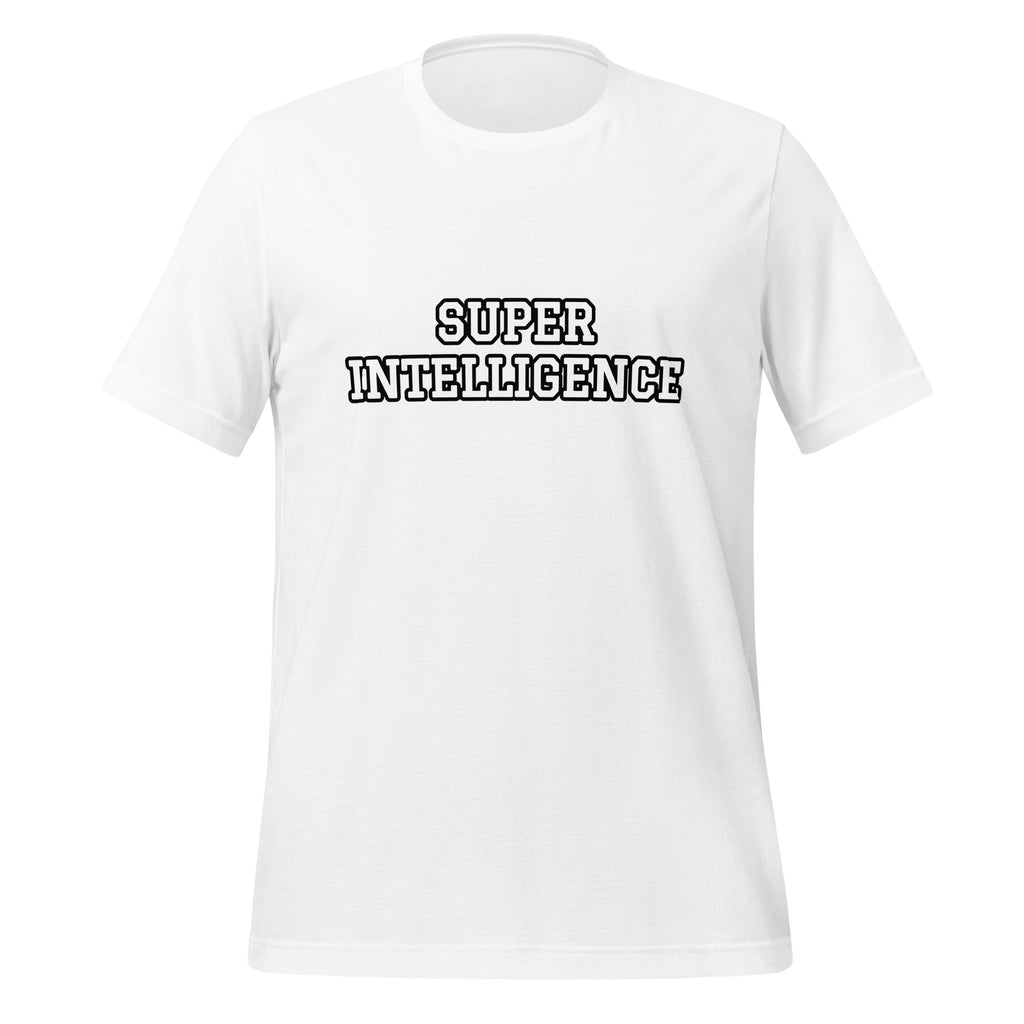 Front view of the white Super Intelligence T-shirt with a two-line chest graphic, short sleeves and a crew neckline.