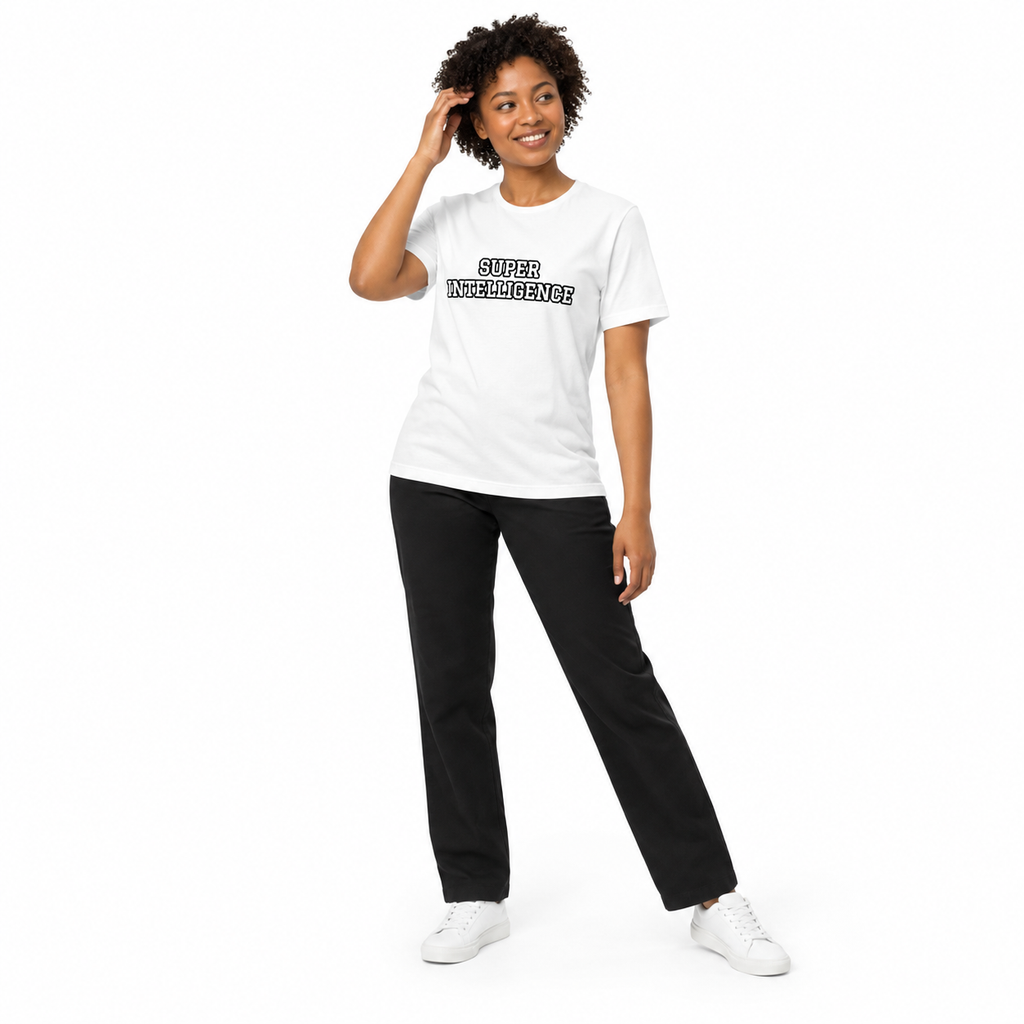Full-body model wearing the white Super Intelligence T-shirt with the front graphic visible, posing with one hand touching the hair on a plain white background.